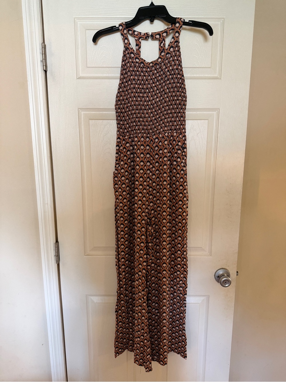 Sleeveless Patterned Maxi Romper in Camel and Navy